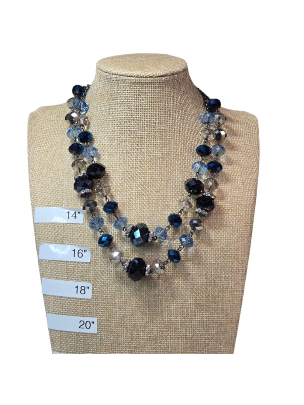 Vintage Crown Trifari Necklace Blue Glass Multi Faceted AB Bead Double Strand
